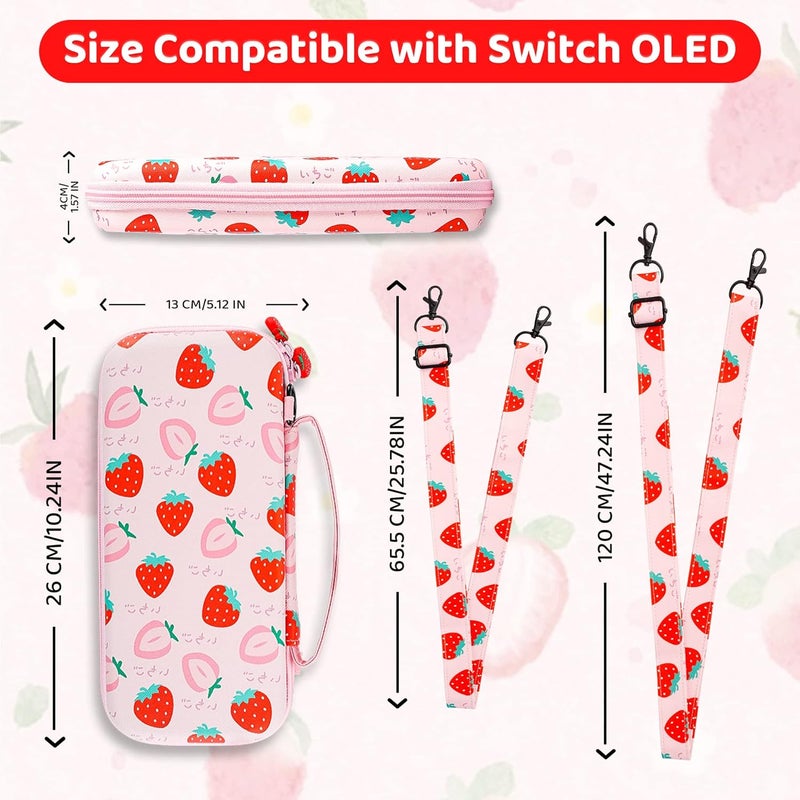 F'DIARY Strawberry Pink Carrying Case for Nintendo Switch OLED, Cute Travel Case Protector for Switch oled Accessories with Strawberry Carry Bag Pink Protective Cover Screen Protector and Thumb Caps - Image 3